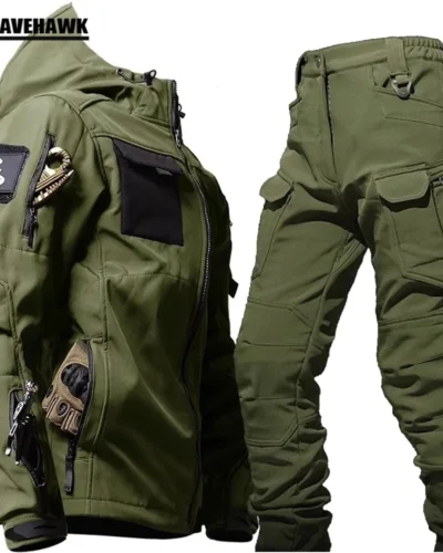 Mens Thicken Tactical Set Windproof Waterproof Outdoor Suit Soft Shell Multi-Pocket Hooded Jackets+Fleece Work Pants 2-piece