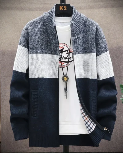 Autumn Winter Cardigan Sweater Men Fleece Zipper Sweaters Velvet Contrast Striped Sweater Coats Casual Jackets