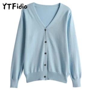 YTFidio 100% Cotton Women V-neck  Long Sleeve Knitwear Cropped Coat Cardigans Sweaters Solid Casual 202