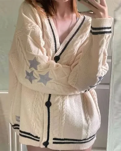 2024 Winter Loose Knitted Cardigans Coat Star Embroidery Y2K Women Sweaters Streetwear Vintage Casual Single Long Sleeve Top