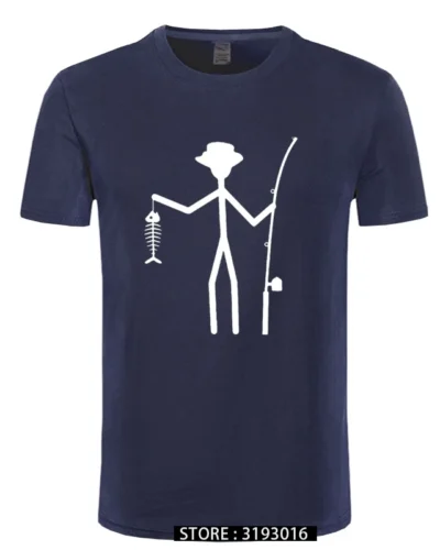 Cool Funny T-Shirt Men High Quality Tees Men's Fisherman Stick Figure Holding Fish Bones Cotton Short Sleeve T Shirts