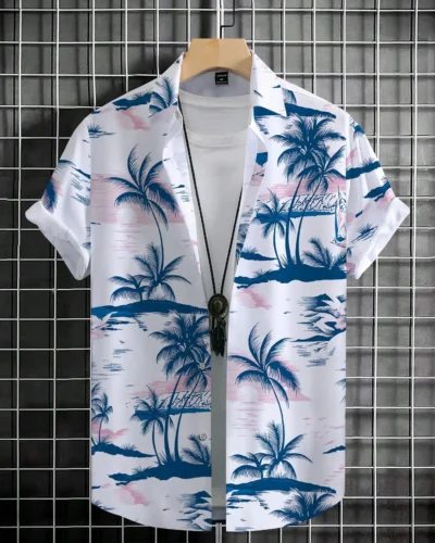 Men's Coconut Tree Graphic Print Short Sleeve Lapel Shirt Tops Men's Casual Button-Down Shirts For Summer Daily Wear And Resort