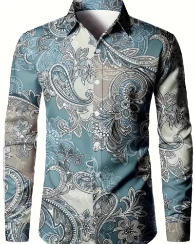 Men Retro Cashew Flower Shirt Exquisite Printing Long Sleeve Button Down Shirt Fashion Casual Lapel Cardigan Jacket Office Shirt