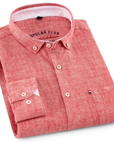 Men‘s Solid Button-Down Collar Dress Shirt - Breathable Cotton-Linen Blend - Long Sleeve, Slim-fit - Spring Summer Casual Chic