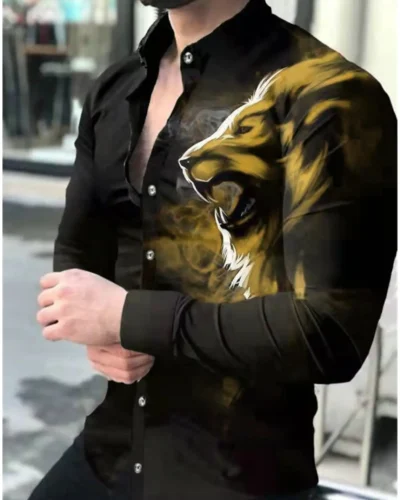 Men's Shirt Graphic Shirt Animal Lion Turndown 3D Print  Long Sleeve Button-Down Clothing Apparel Fashion Designer Breathable