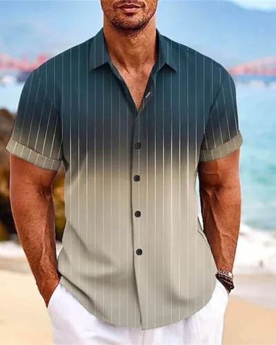2024 Men's Gradient Striped Shirt Slim Breathable Fashion Short-sleeved High-quality Design Casual Button-down Shirts Male