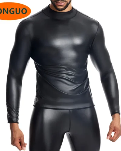 Men's New T-shirt Top Casual Shirts S-6XL Mens Wet Look Undershirt Faux Leather Long Shirts Slim Fit Muscle Tops Casual Clubwear