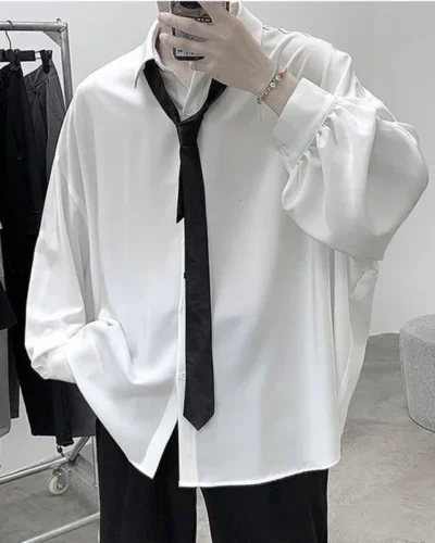 2025 Black Long-sleeved Shirts Men Korean Comfortable Blouses Casual Loose Single Breasted Shirt with Tie