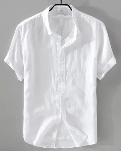 2025 Pure Linen Short Sleeved Shirt Men's Linen White Shirt Cotton Linen Men's Upper Garment Men's Casual Summer Half Sleeved