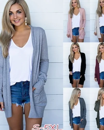 New Women Fashion Solid Long Sleeve Solid Casual Autumn Winter Medium Long Pocket Cardigan S-5Xl Multicolor Large