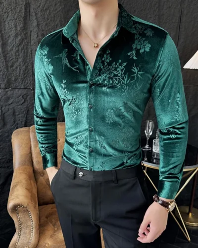 Luxury Velvet Velvet Shirt Men 2024 Spring Slim Casual Dress Shirts Social PartyTuxedo Blouse Camisas Para Hombre Men Clothing