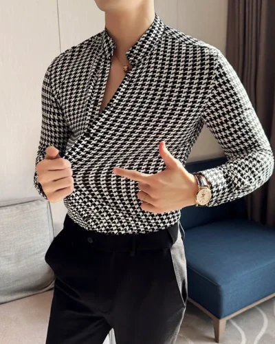 High-quality Houndstooth Shirts for Men 2024 Spring High Elasticity Slim Casual Shirt Brand Men Clothing Social Party Streetwear
