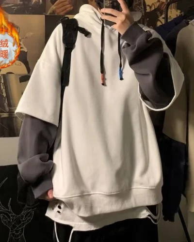 Winter Round Neck Long Sleeve Fashion Sweatshirts Man High Street Casual Loose Pullovers Fake Two Pieces Thick Drawstring Hoodie