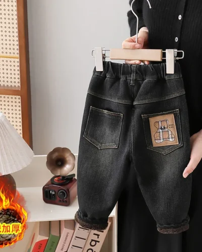 Korean Fashion Winter Boys Jeans Adding Velvet And Thickening Wide Leg pants Boys Jeans Children's Pants Kid Jeans