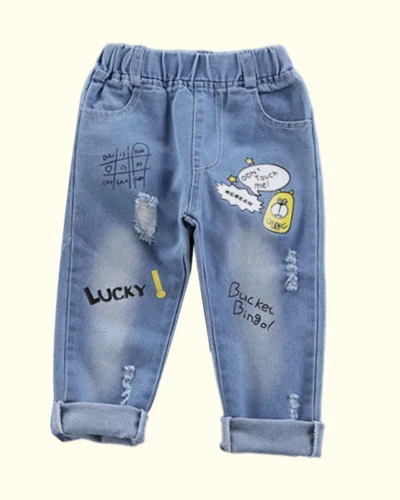 Spring Autumn Children Jeans  Boys Cotton Print Splice Stretch Denim Pants Korean Teenage Trousers Wear Kids ClothingDenimRipped