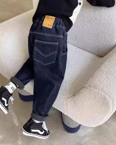 New Spring Autumn Students Boys Jeans Elastic Waist Pstchwork Children Boys Denim Pants Casual Loose Comfortable Kid Boys Pants