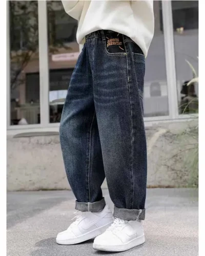 2024 Boys Fashion Jeans Children's Loose Casual Pants Spring Autumn New Kids Elastic Waist Pocket Letter Trousers 5-14 Years Old