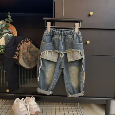 2024 new Kids jeans straight leg casual loose ripped wash boys jeans Girls' pants straight leg casual slacks 2 to 8 years old