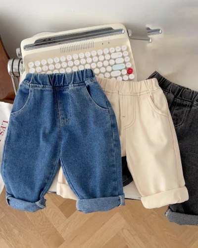 1-5 Years Autumn Kids Jeans Casual Solid Baby Boys Denim Pants Soft Girls Fashion Trousers