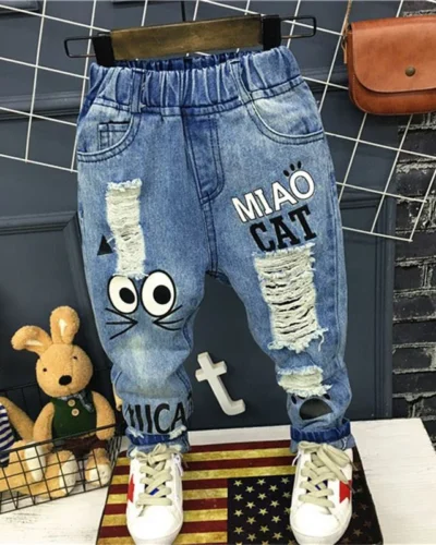 New Girls Jeans Spring Autumn Children Trousers 1-7Yrs Baby Boys Girls Jeans Boys Casual Hole Pants Cartoon Cat Jeans Kids Pants