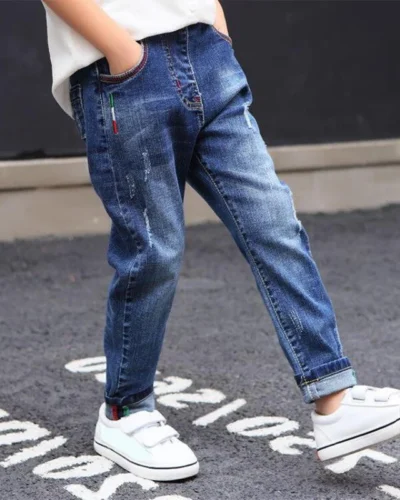 IENENS Fashion Jeans For Kids Boys Denim Long Pants Spring Autumn Slim Jeans Young Boy Cowboy Trousers Elastic Waist Pants