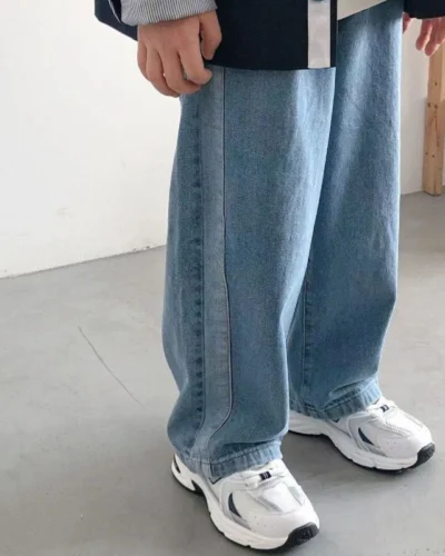 2024 Autumn New Kids jeans Contrast color side edges Boys straight denim Trousers Girls loose casual pants