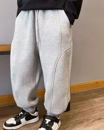 Autumn Kids Boys Solid Sweatpants Ankle Length Harem Pants 3+y Young Children Clothing Winter Girls Fleece Warm Sport Trousers