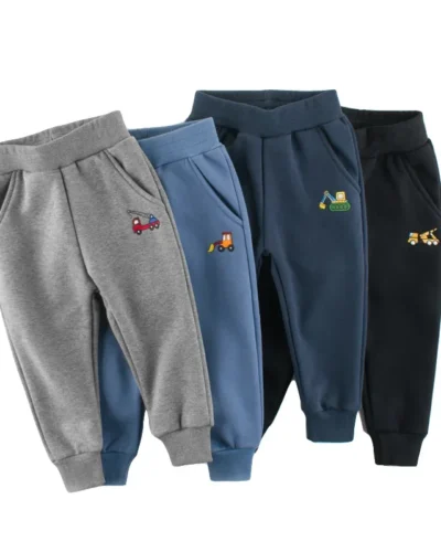 Plus Velvet Sweatpant for Boys 2025 Winter Cartoon Excavator Sports Harem Pants Kids Warm Mid Waist Cotton Trouser Children