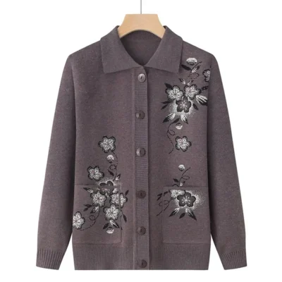 Spring Autumn Long-Sleeve Sweater Women Cardigan Coat New Print Middle-Aged Elderly Knitted Bottoming Shirt Female Tops Jacket
