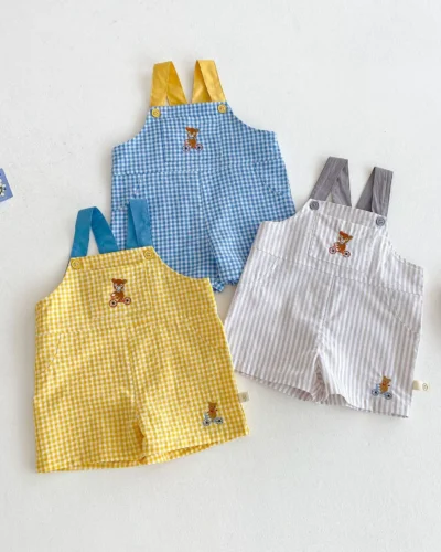2025 New Summer Kids Checkered Overalls Unisex 98% Cotton with Bear Embroidery Toddler Boys Girls Casual Pants