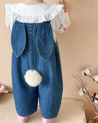 Cute Baby Girls Overalls 0-24 Months Kid Bunny Ear Ball Loose Denim Jumpsuit Suspender Pants Jeans Outwear Spring Autumn Clothes