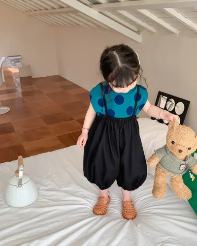 2025 Summer New Korean Baby Girls Solid Versatile Suspender Pants Children Loose Casual Overalls Kids Toddler Lantern Trousers