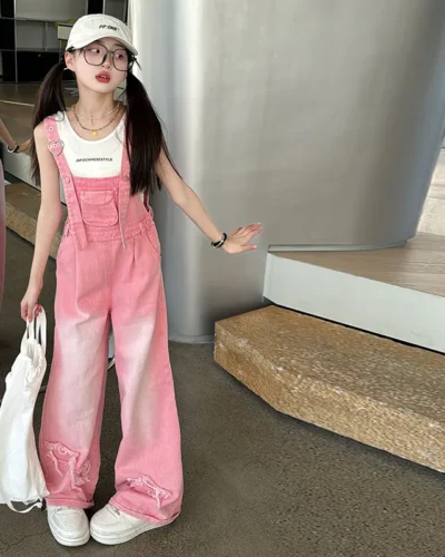 Overalls for Kids Pink Loose Casual Wide Leg Jeans Teenage Girls Jumpsuit Fashion All-match 12 13 14 Years Children Trousers