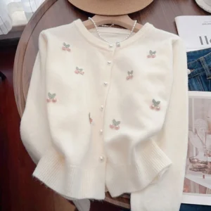 Zoki Print Sweet Pearls Cardigan Sweaters Women Fashion O Neck Knitted Coat Elegant Cute Long Sleeve Female Fall All Match Tops