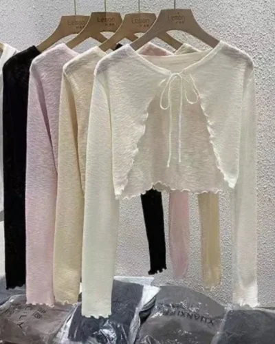 Summer Women Thin Sunscreen Cardigan Lace-up Knitwear Tops Female Korean Style Lantern Sleeve Short Coat Casual Sun Protected