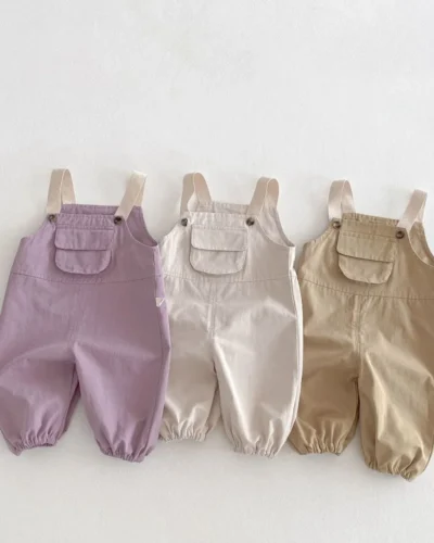 2025 New Kids Overalls 0-5Years Childrn Boy Girl Solid Color Pocket Jumpsuit Cargo Suspender Pant Fashion Bottom Spring Clothes
