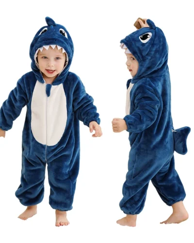 MICHLEY Shark Baby Rompers Winter Hooded Flannel Toddler Infant Clothes Overall Bodysuits Jumpsuit Costume For Kids Carnival