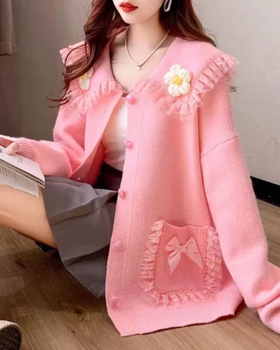 Sweet Peter Pan Collar Pockets Bow Lace Cardigan Sweaters Female Clothing 2024 Autumn Winter New Loose Knitted Young Style Tops