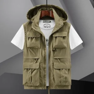 Spring New Outdoor Hooded Fishing Vest Mens Solid Breathable Multi-Pocket High Quality Vest Coat Detachable Hat Sports Vest Male