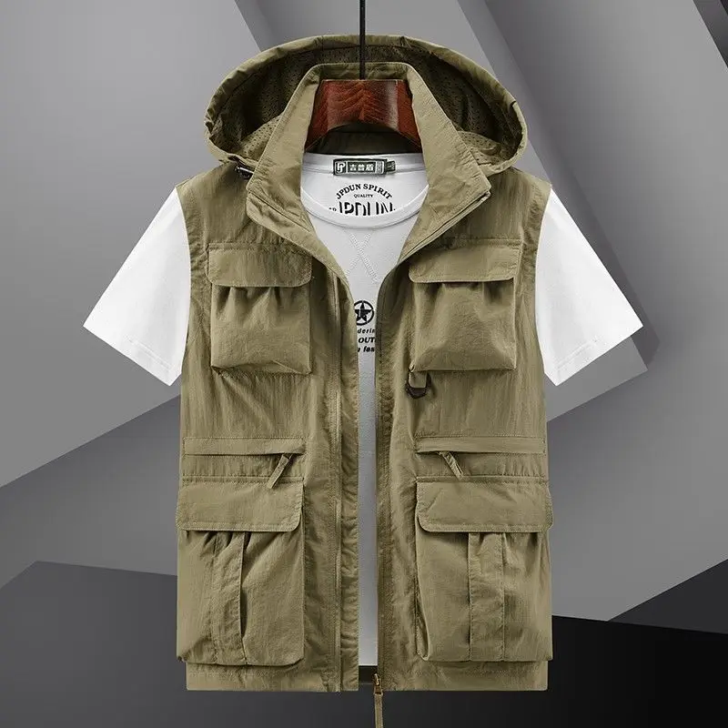 Spring New Outdoor Hooded Fishing Vest Mens Solid Breathable Multi-Pocket High Quality Vest Coat Detachable Hat Sports Vest Male