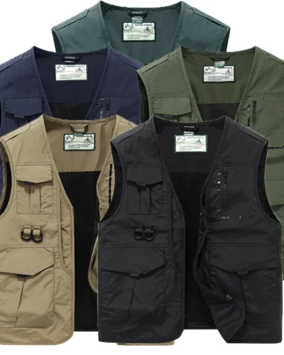 2024 Men Spring Sleeveless Many Pocket Stand Collar Vest Jackets Men Solid Color Outdoors Fishing Cargo Casual Vest Jackets Male