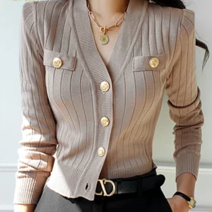 H Han Queen Korean Chic V-Neck Knitted Cardigan Sweater For Women Casual Basic Long Sleeve Cardigans Autumn Vintage Sweaters Top