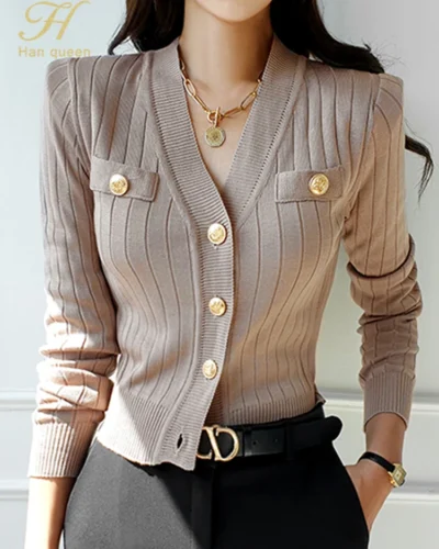 H Han Queen Korean Chic V-Neck Knitted Cardigan Sweater For Women Casual Basic Long Sleeve Cardigans Autumn Vintage Sweaters Top