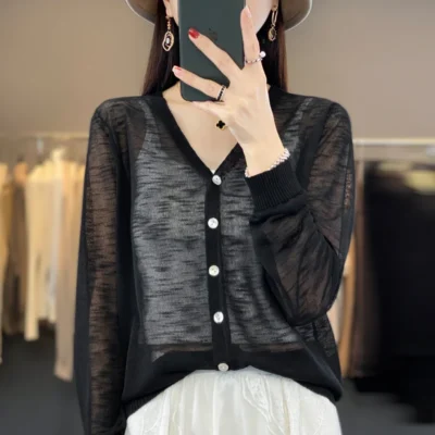 Summer Sunscreen Ice Silk Cardigan Women's V-Neck Long Sleeve Loose Knitted Top Solid Transparent Cardigan Air Conditioned Shirt