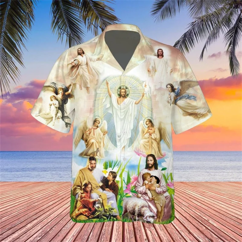 New Summer 3D Christian Jesus Print Shirts Children Fashion Streetwear Shirts Blouses Mens Cool Hawaiian Shirts Vintage Clothing