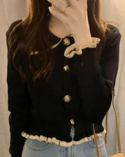Jmprs Ruffles Sweet Cardigan Sweaters Women Fashion Slim Long Sleeve Knitted Short Coat Elegant Patchwork Korean Lady Black Tops