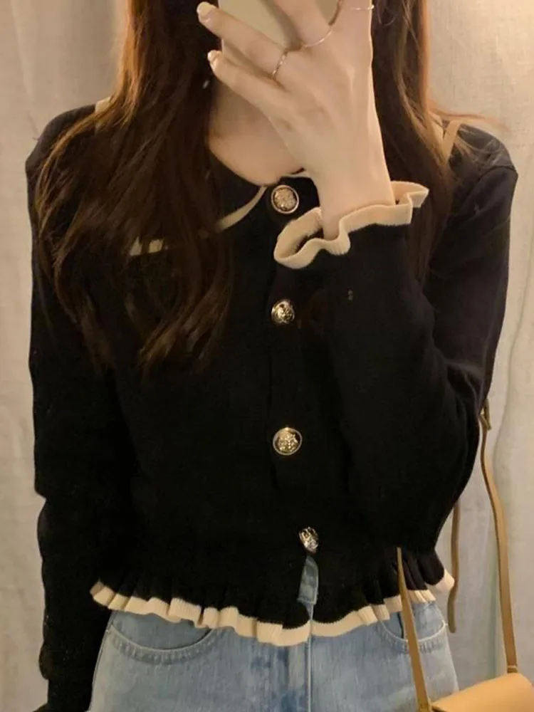 Jmprs Ruffles Sweet Cardigan Sweaters Women Fashion Slim Long Sleeve Knitted Short Coat Elegant Patchwork Korean Lady Black Tops