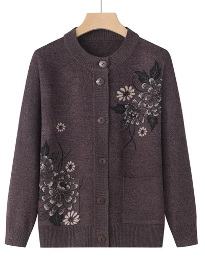 Korean Women's Clothes New Knit Woolen Printed Cardigan Coat Middle Aged Mother Knitwear Tops Vintage Grandma Sweater Jacket