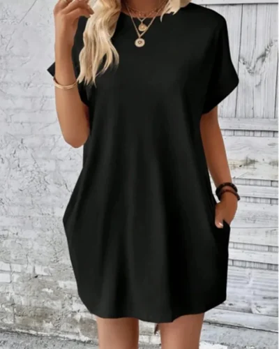 Minimalist Solid Color Mini Skirt Women's Temperament Round Neck Pocket T Shirt Dress Summer Casual 2024 New Dresses