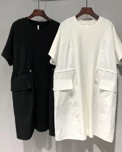Dresses Fat Extra Large Size 300 g Double Drawstring Waist Stitching Short Sleeve Dress Female Summer Loose Fake Two Skirts 2